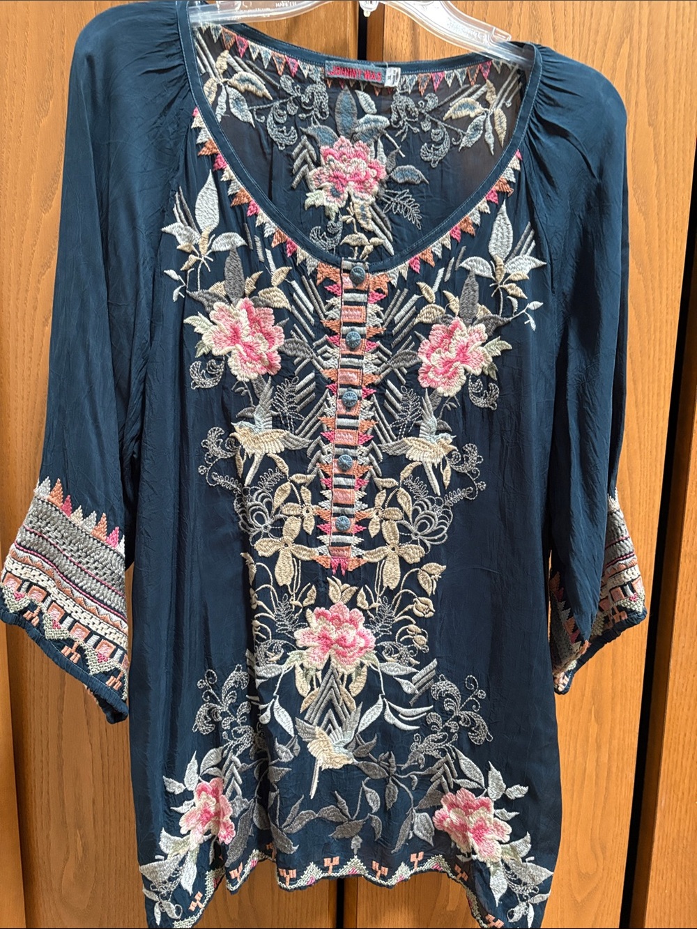 Johnny Was Navy Tunic with Pink & Cream Floral Embroidery